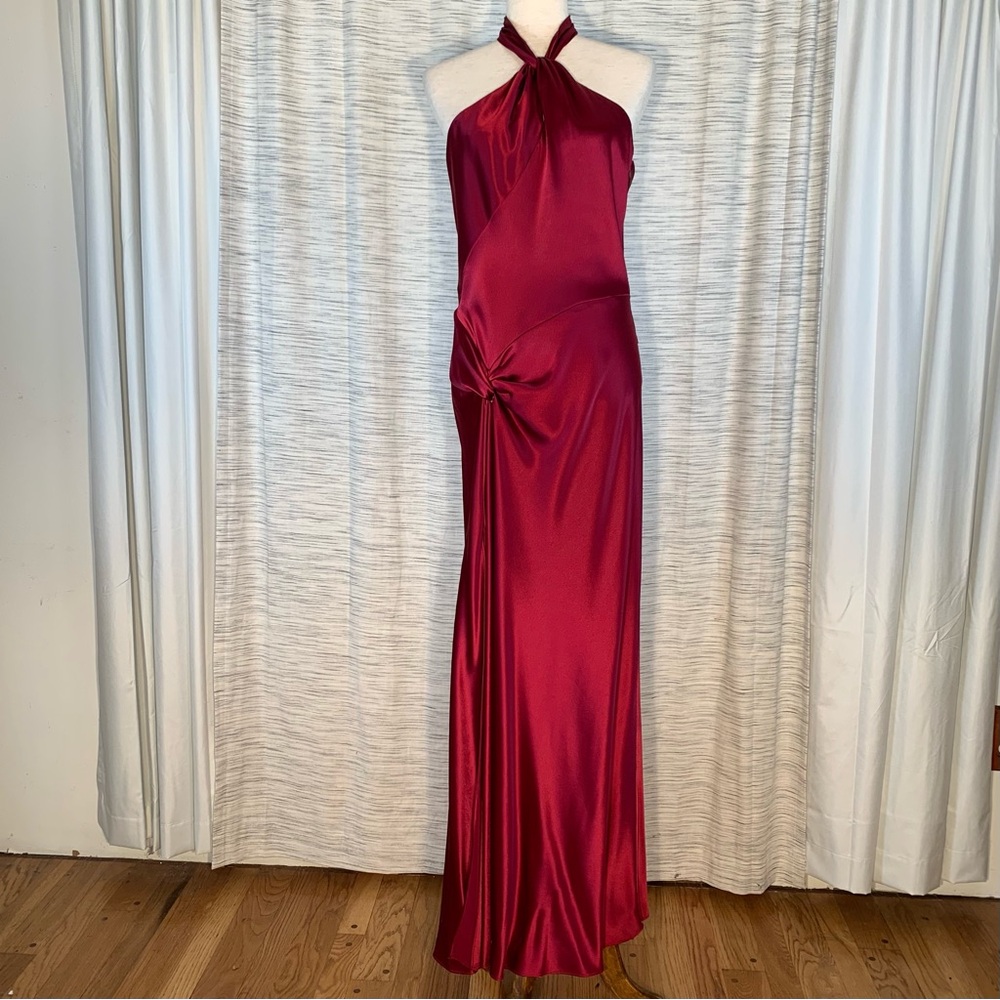 ABS by Allen Schwartz Dark Red Halter Gown - Picture 2 of 16